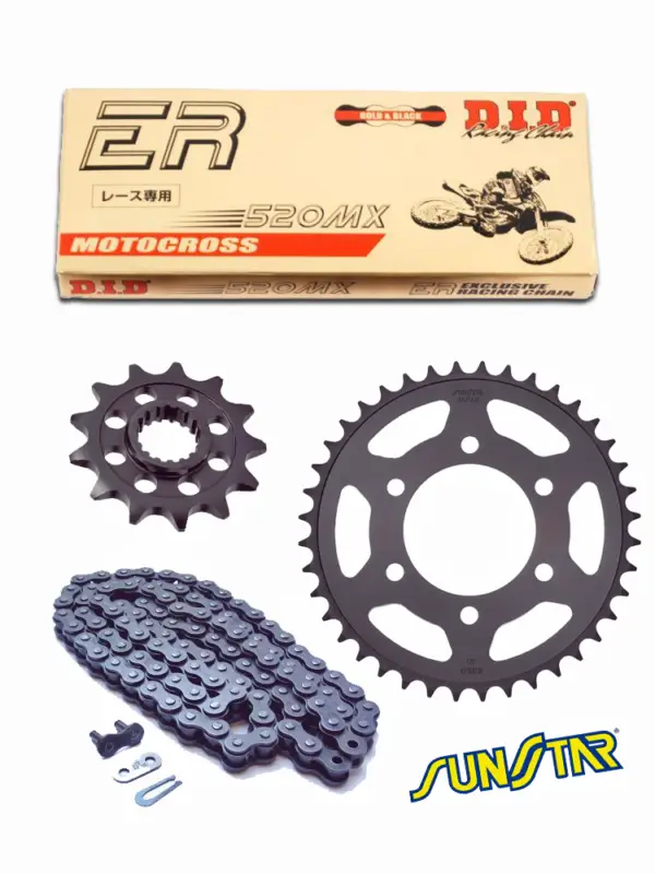CAGIVA MITO 125/ PLANET 125 / RAPTOR 125 zestaw napędowy DID520 ERT2 EXCLUSIVE RACING (łańcuch hiper-wzmocniony, bezoringowy)zębatki SUNSTAR Dostępne od ręki