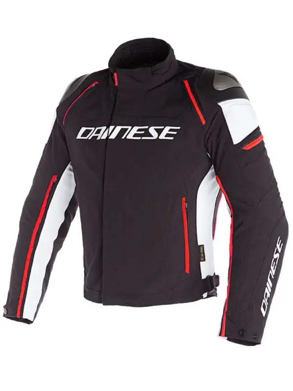 Bezpieczne zakupy Kurtka motocyklowa tekstylna Dainese Racing 3 D-Dry® czarno-biało-fluo czerwona