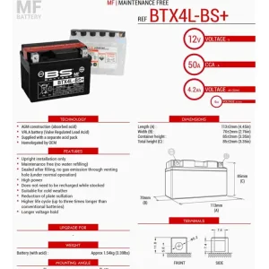 Akumulator bezobsługowy BS Battery BTX4L-BS+ [bez elektrolitu] Dostępne od ręki
