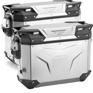 Zestaw kufrów bocznych aluminiowych GIVI Trekker Outback EVO Smart asymetrycznych, srebrnych z 2 wkładkami SLR [poj.: prawy 33 l, lewy: 37 l] Dostępne od ręki