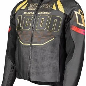 Szybka wysyłka Kurtka motocyklowa skórzana Icon Contra3 Rizz Rizz czarno-czerwono-żółta