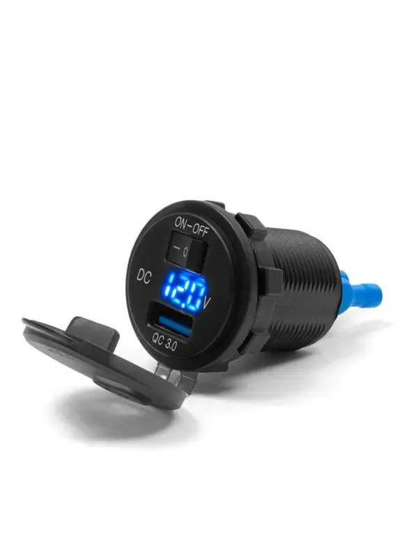 Nowość Gniazdo USB QC 3.0 z woltomierzem i wyłącznikiem Biketec mocowane do owiewki lub kierownicy czarne