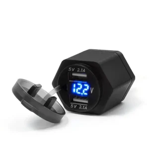 Gniazdo USB z woltomierzem i złączem DIN ISO 4165 Biketec mocowane do kierownicy czarne Wysoka jakość