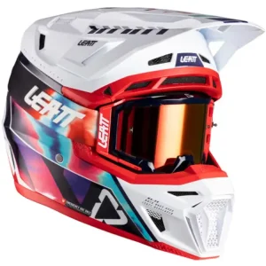 Bezpieczna płatność Kask enduro Leatt Moto 8.5 V25 biało-niebiesko-czerwony z goglami czerwono-niebieskimi